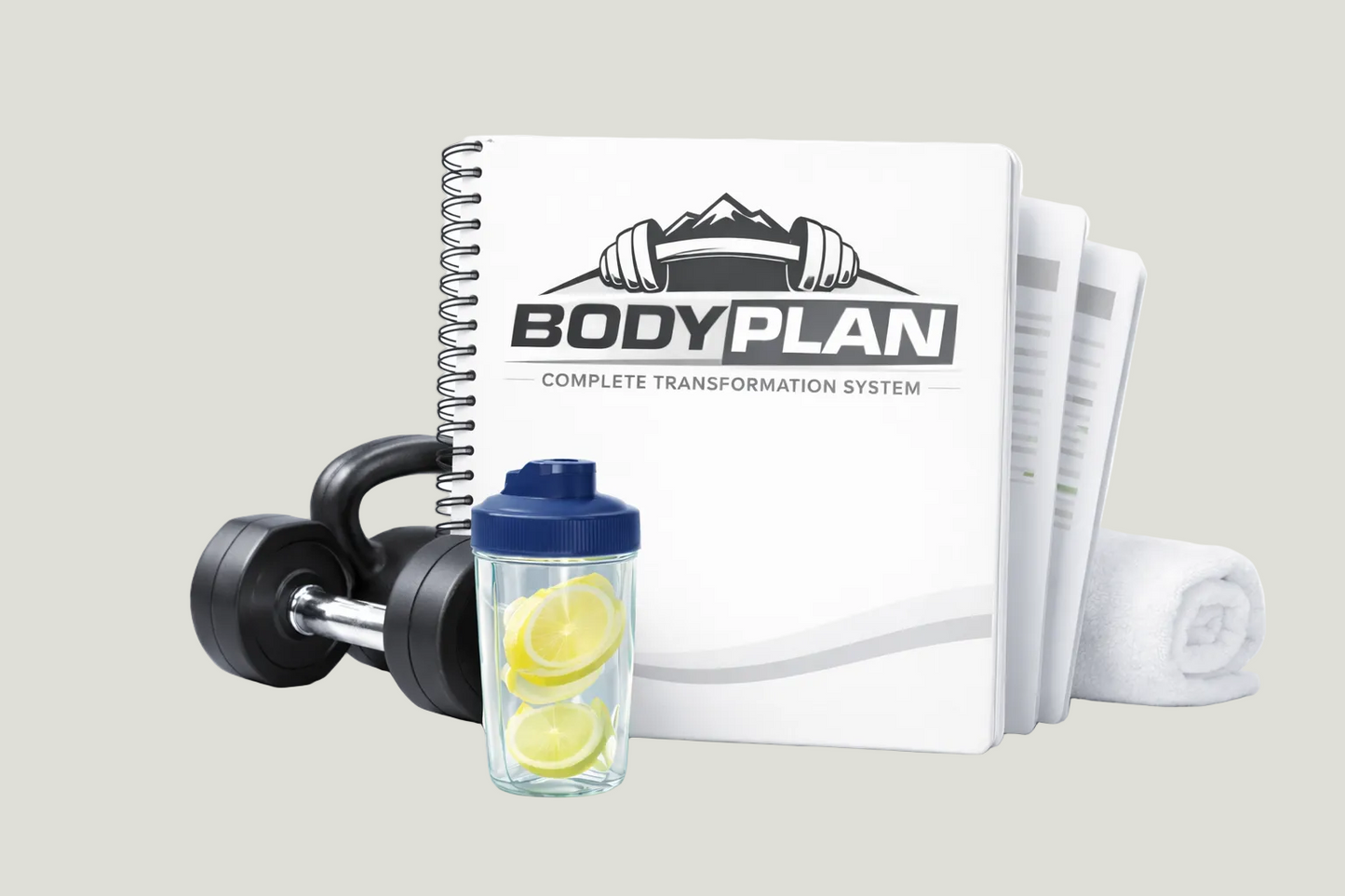 Fitness accessories including a dumbbell, water bottle with lemons, and a 'BODY PLAN' transformation system book on a white background.
